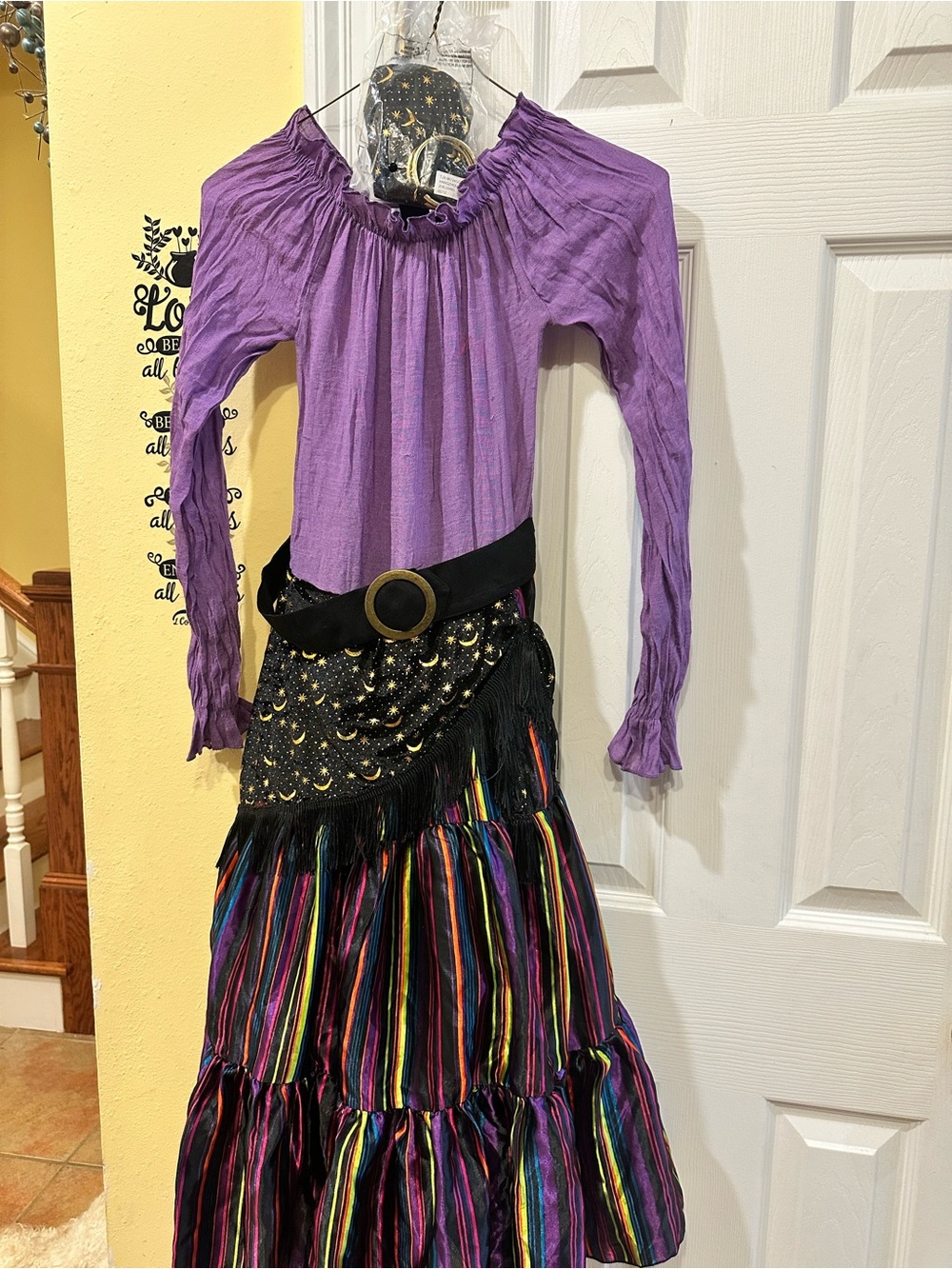 Purple Peasant Top with Rainbow Striped Maxi Skirt